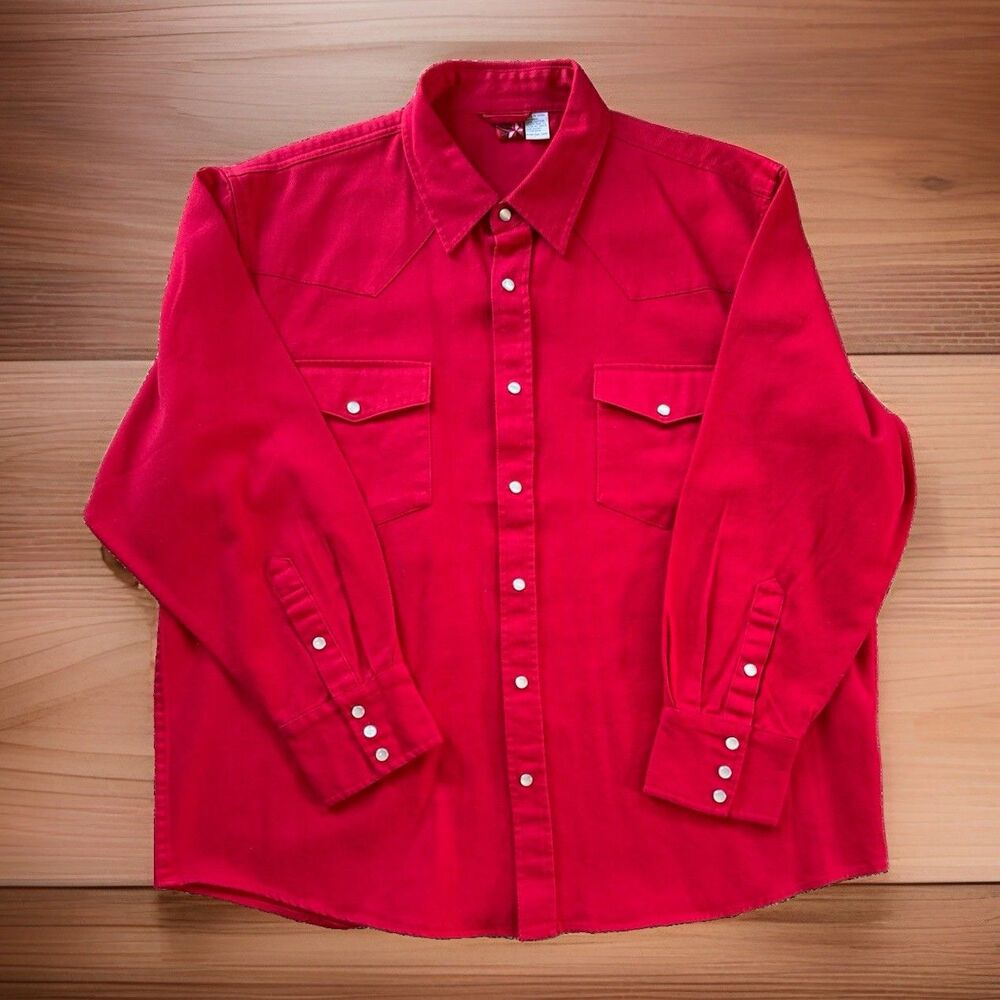 🔥Vintage Marlboro Pearl Snap Red Button Up Denim Dress Shirt XL 90s Deadstock